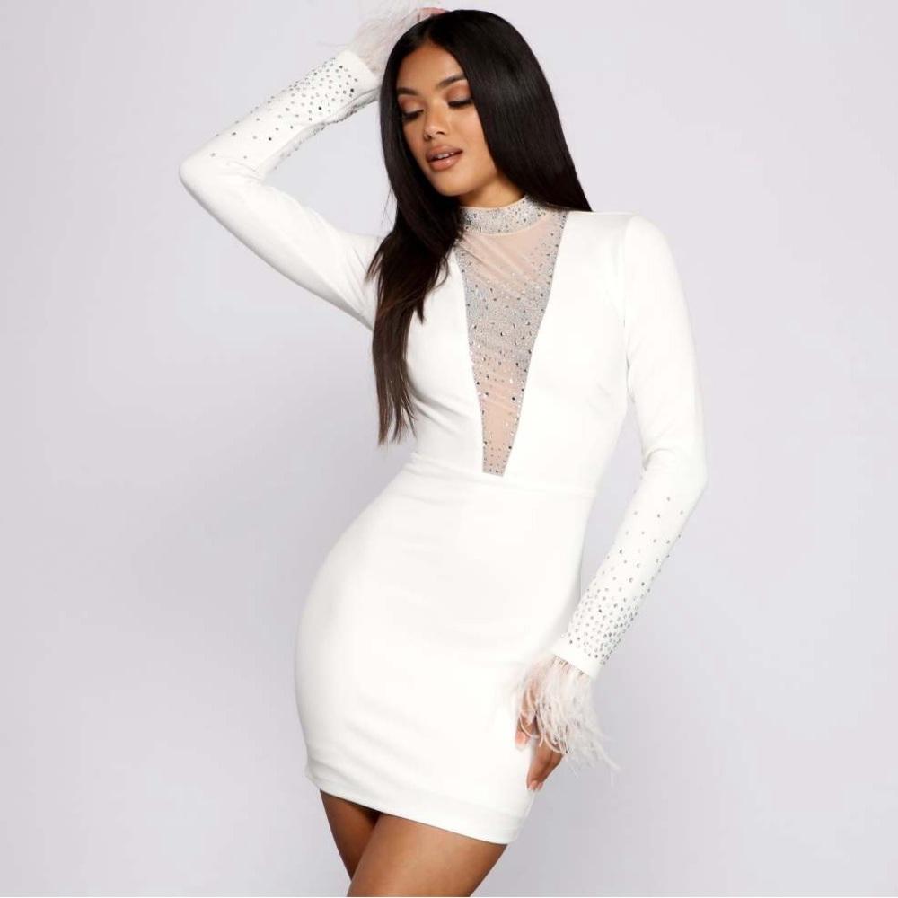 White Long Sleeve Rhinestone Mini Dress with Feather Trim